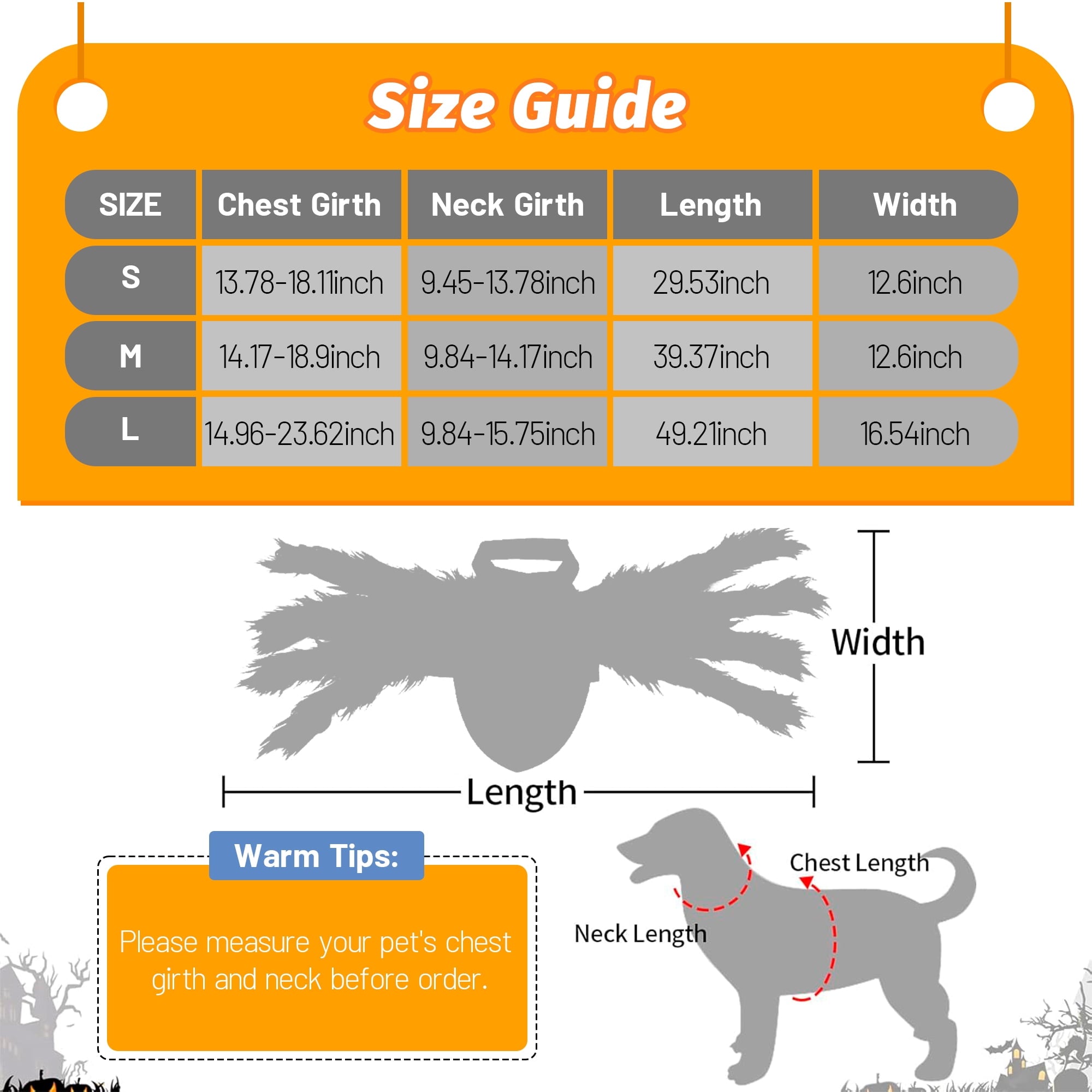 Size chart for the spider dog costume