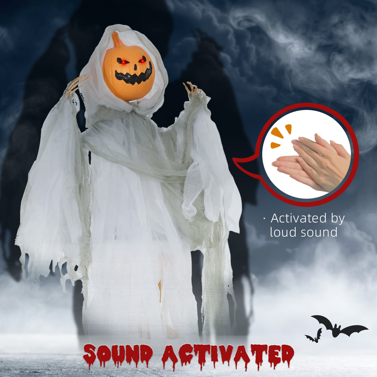 Full view of the 3.9 ft hanging pumpkin-ghost decoration