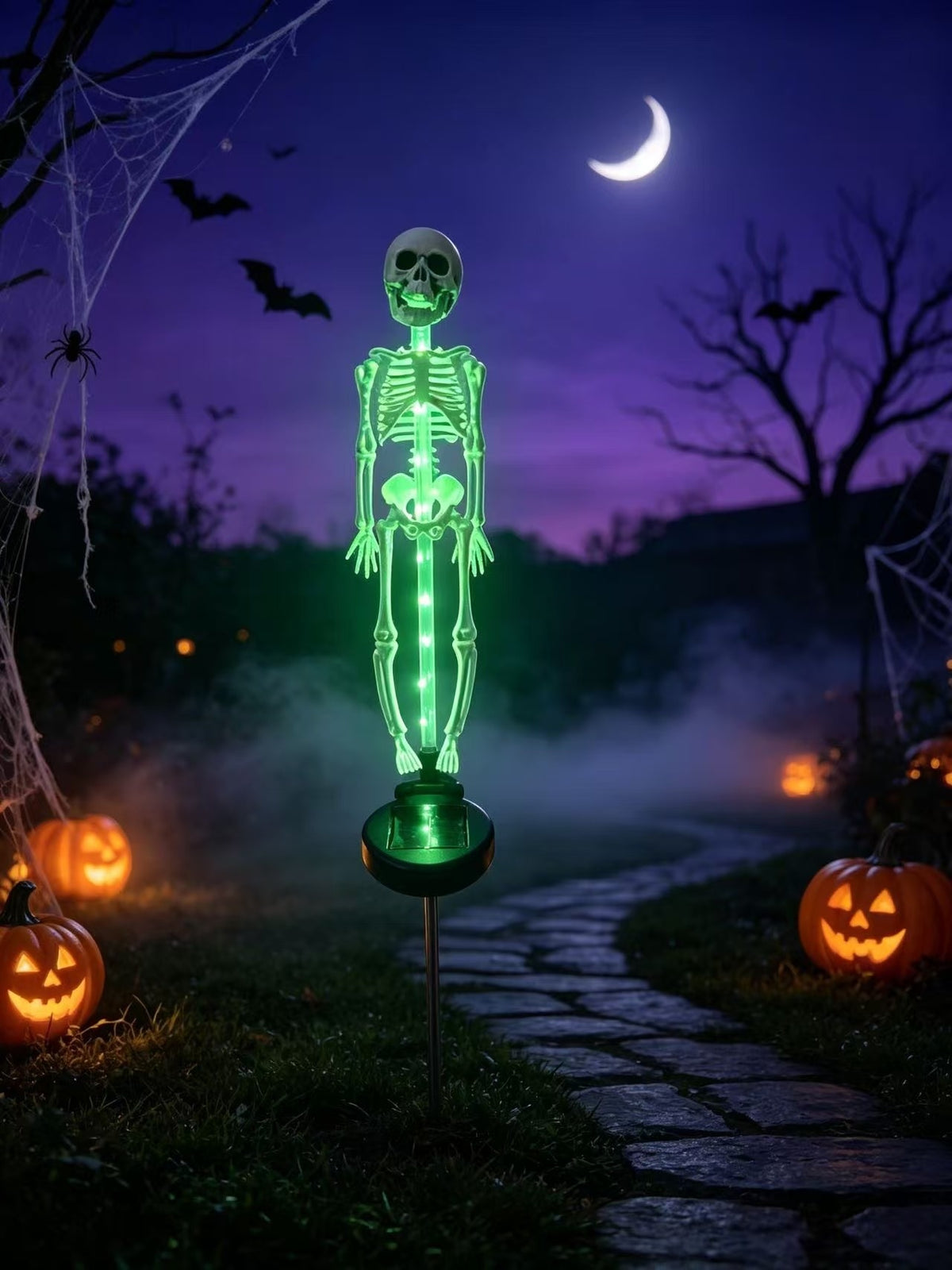 Halloween Skull Skeleton Solar-Powered Ground Lamp — Green glow