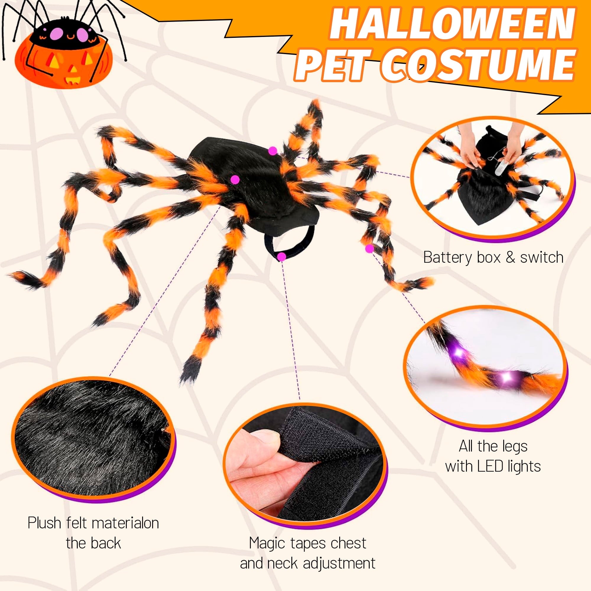 Adjustable straps on the spider dog costume