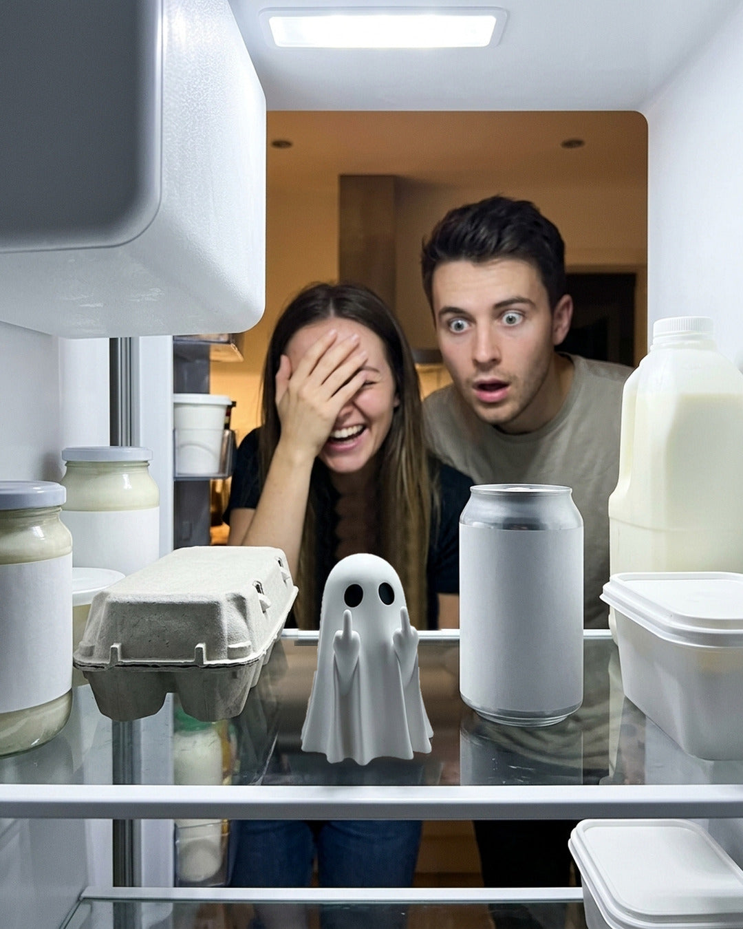 Cheeky ghost figurine on a fridge shelf between an egg carton and a soda can, while a laughing woman and a wide-eyed man look in