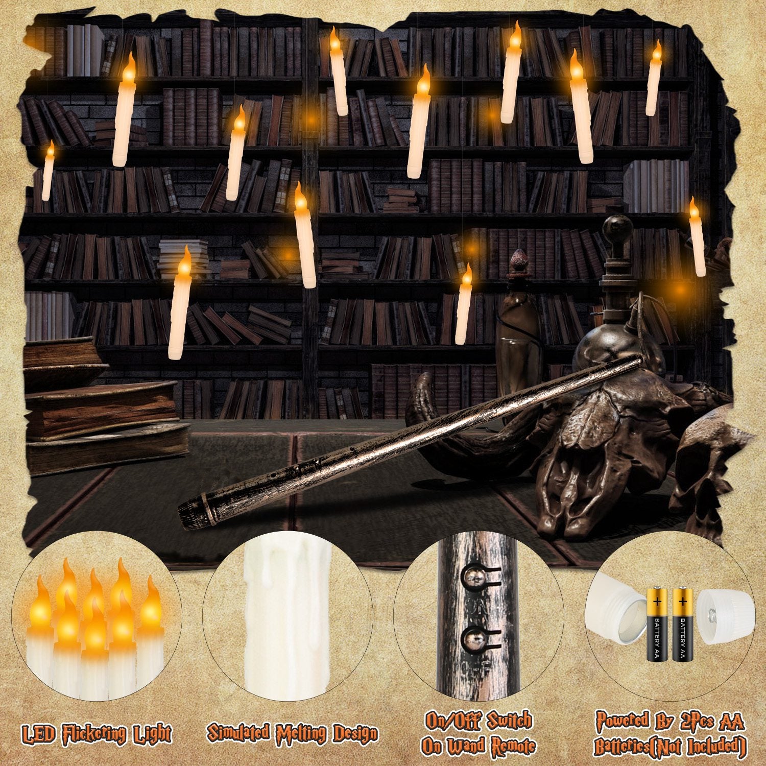 Sticky hook and clear wire used to hang each candle