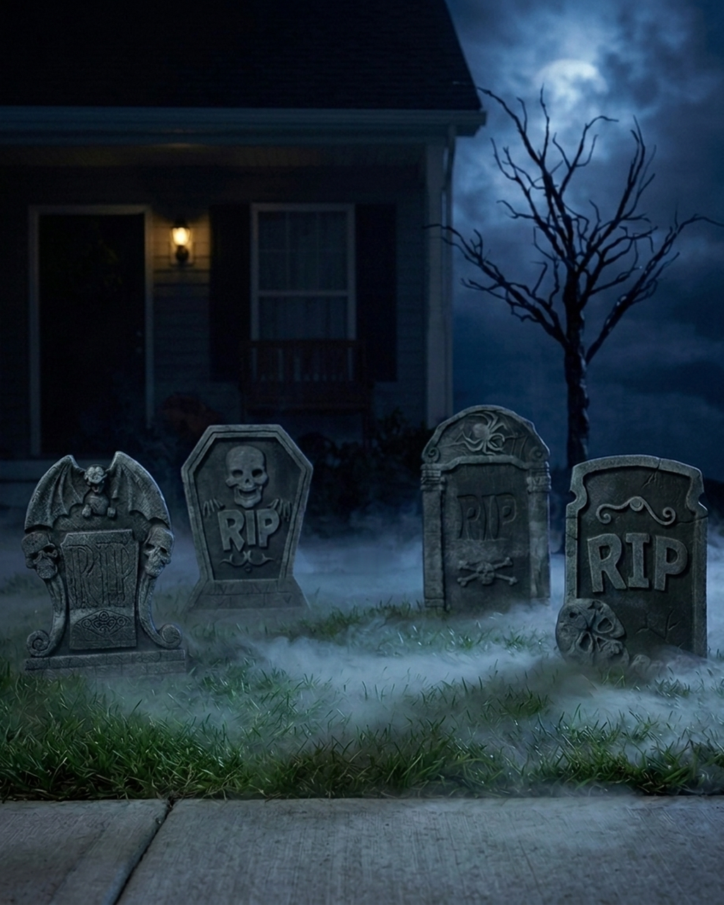 Four foam tombstones standing in a front lawn at night, low mist around their bases