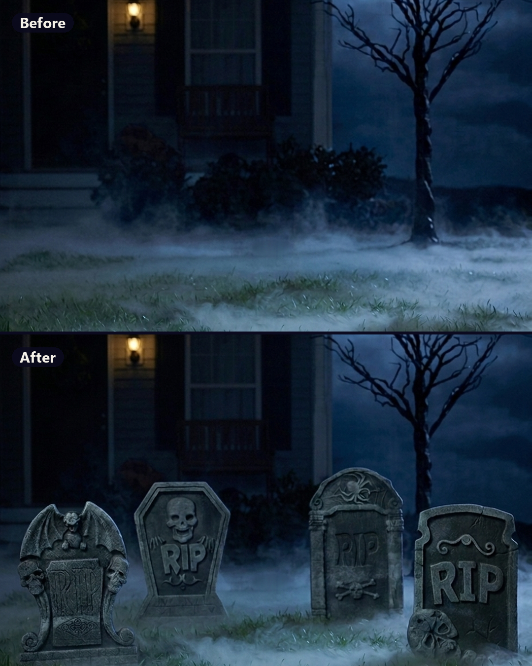 Before and after: the same lawn at night, empty, then with the four tombstones