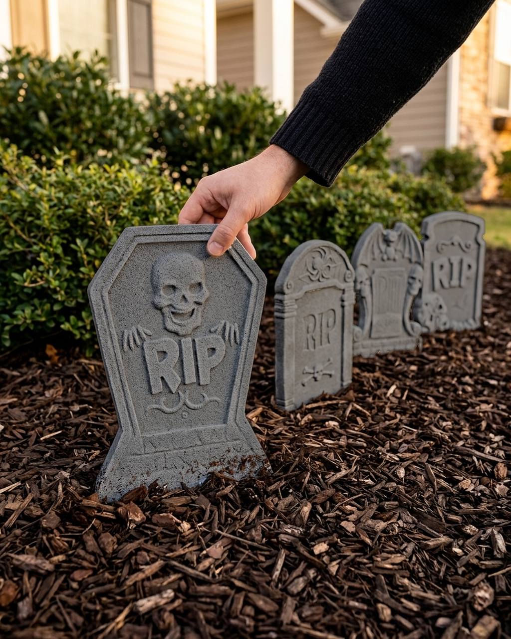 A hand pressing a foam tombstone into garden mulch, the other three already standing