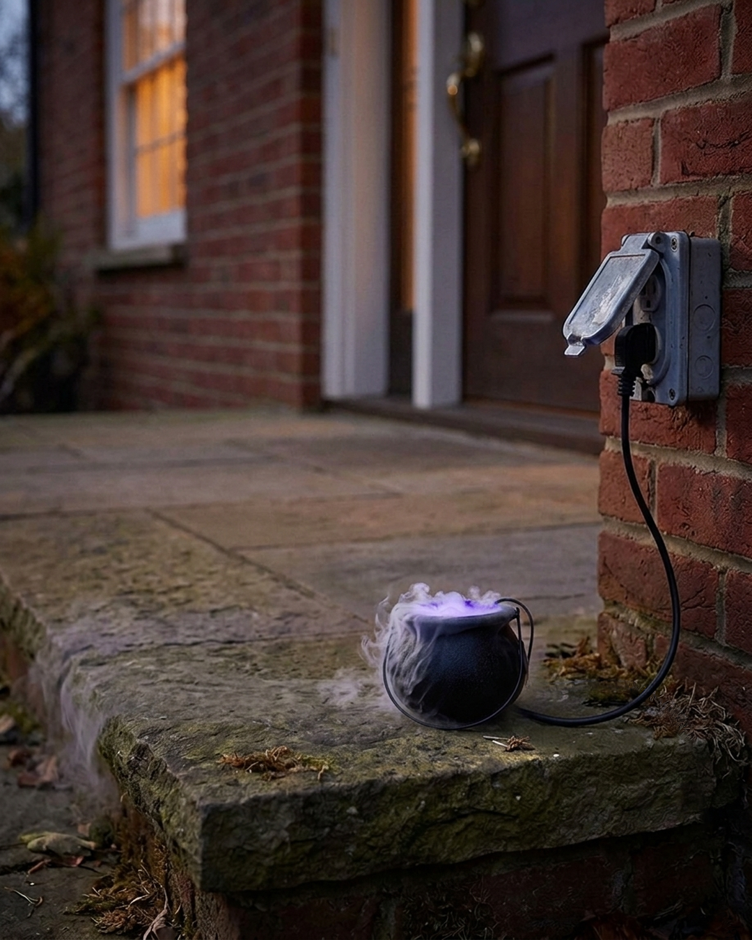 The cauldron mist maker, about 5 in across, misting on a porch step with its cord plugged into a wall outlet