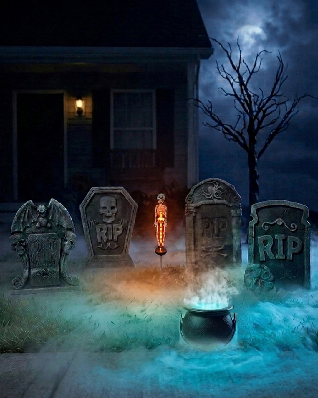 The same graveyard scene with the lamp glowing orange