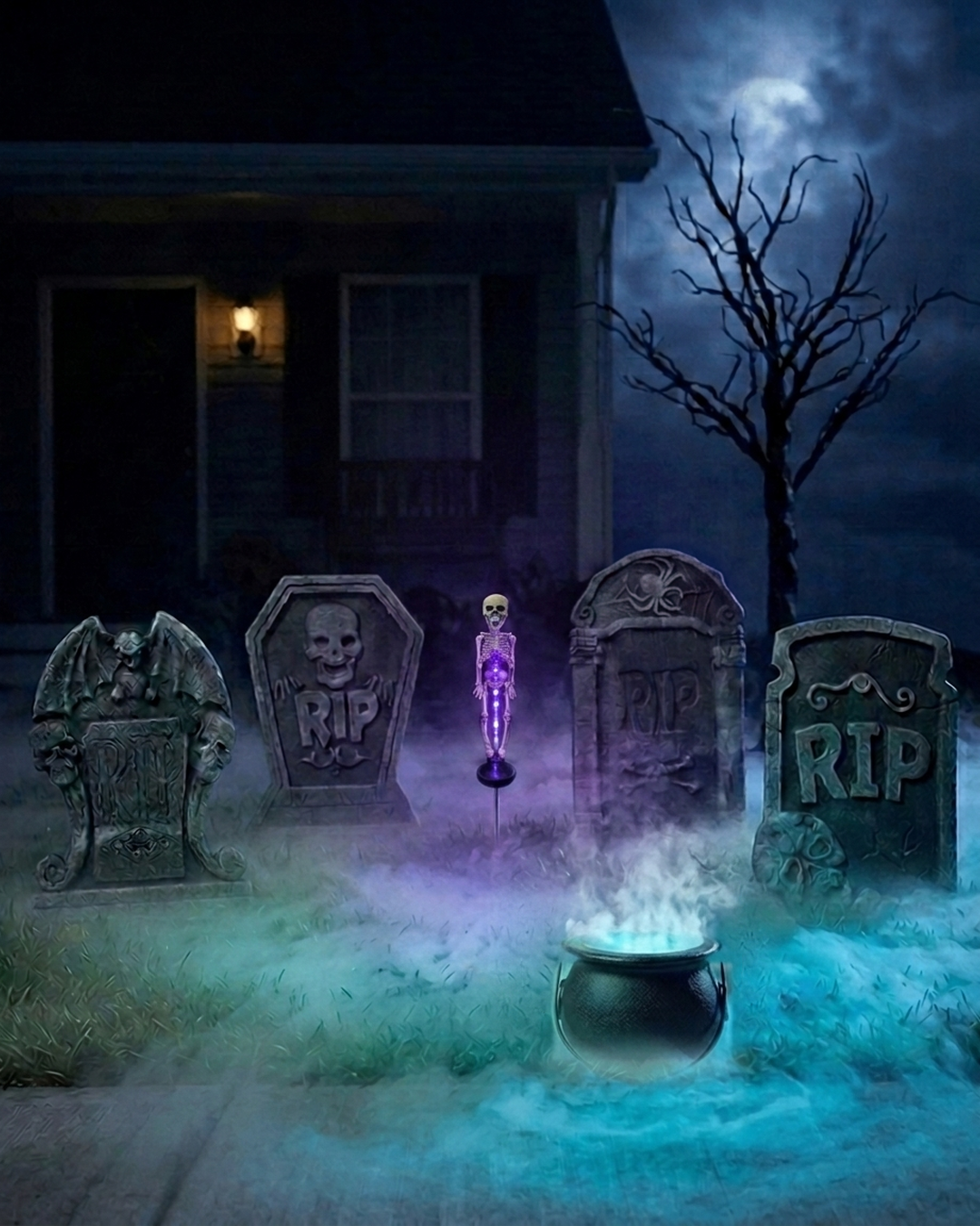 The same graveyard scene with the lamp glowing purple
