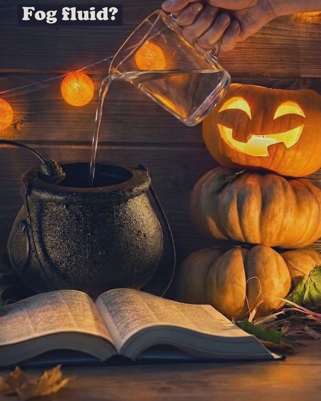 Water poured into the cauldron, the mister lowered in and plugged in, then fog fills the pot as the light turns yellow, blue and red