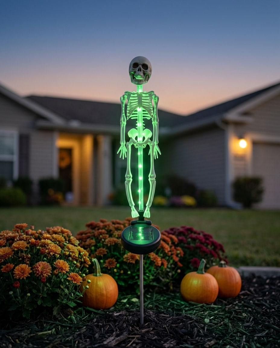 The skull lamp glowing green in a front-yard flower bed at dusk, solar disc and stake in view