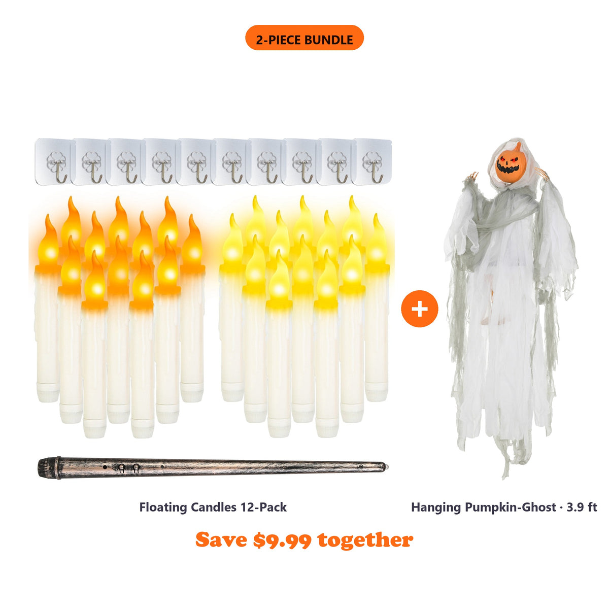 Both bundle pieces side by side: the 12-pack of LED floating candles with its wand remote and hooks, and the 3.9 ft hanging pumpkin-ghost. Save $9.99 together.