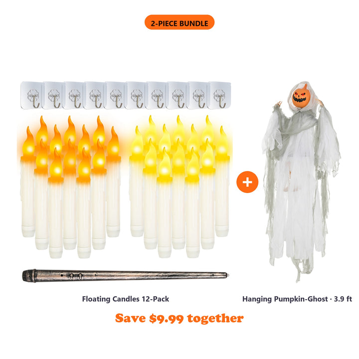 Both bundle pieces side by side: the 12-pack of LED floating candles with its wand remote and hooks, and the 3.9 ft hanging pumpkin-ghost. Save $9.99 together.