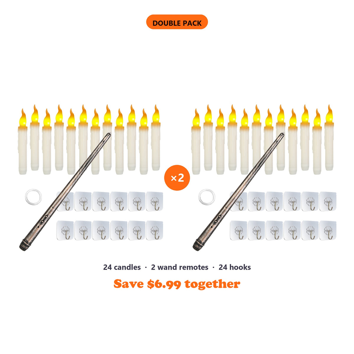 Two identical Floating Candles packs side by side: 24 flameless LED taper candles, 2 magic wand remotes, 24 sticky hooks and 2 rolls of clear hanging wire. Save $6.99 together.