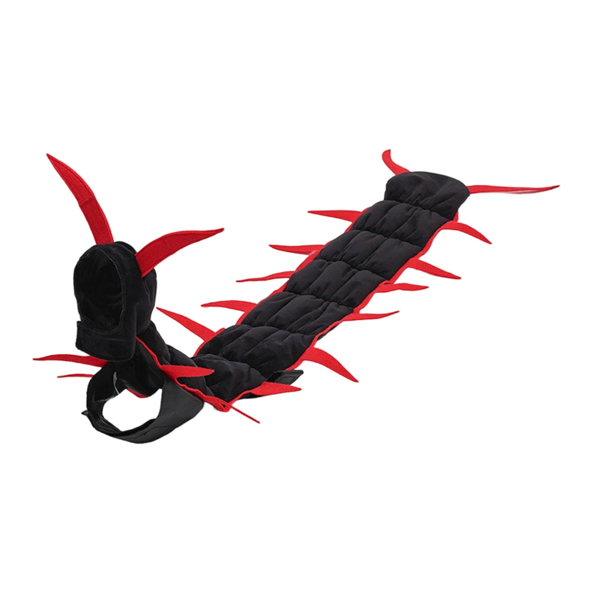 The centipede costume laid flat, showing the padded black body, red legs and the hood with two antennae