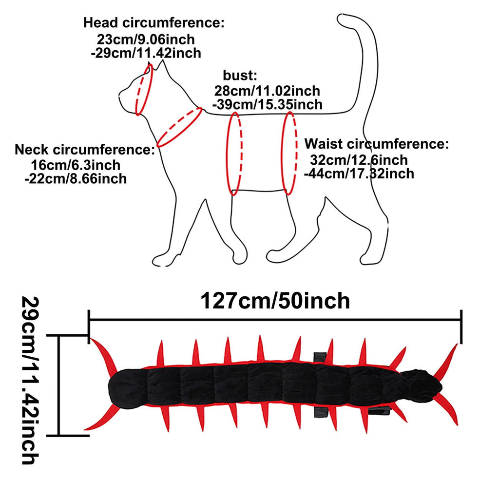 Size chart: head 23 to 29 cm, neck 16 to 22 cm, bust 28 to 39 cm, waist 32 to 44 cm, costume 127 by 29 cm
