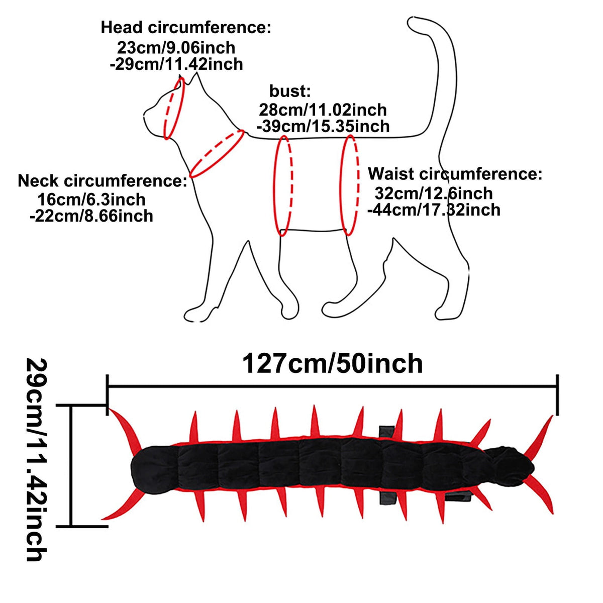 Size chart: head 23 to 29 cm, neck 16 to 22 cm, bust 28 to 39 cm, waist 32 to 44 cm, costume 127 by 29 cm