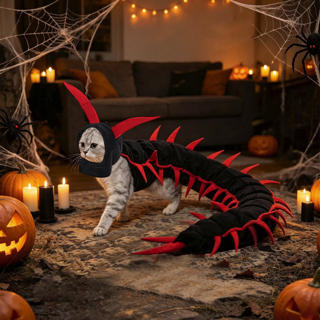 Grey cat wearing the 50-inch black and red centipede costume with hood and antennae, in a Halloween-decorated room