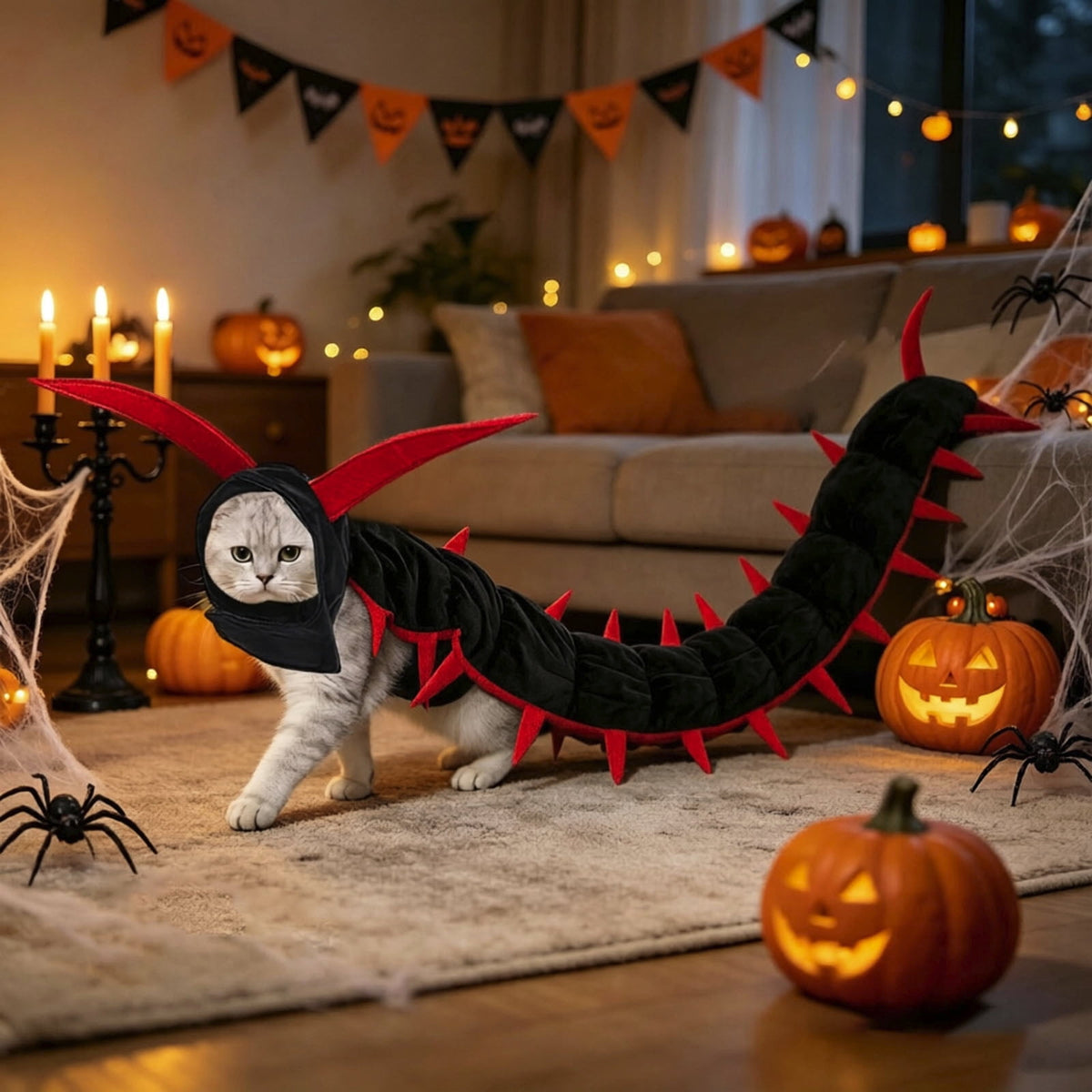 Side view of a cat in the centipede costume showing the segmented body and the row of red legs trailing past the tail