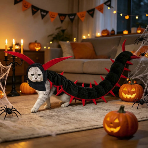 Side view of a cat in the centipede costume showing the segmented body and the row of red legs trailing past the tail